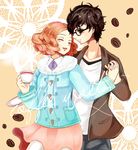  1girl 960tk amamiya_ren black_hair brown_hair coffee_beans cup duffel_coat glasses okumura_haru persona persona_5 short_hair 