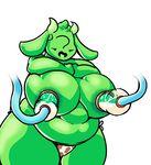  ? anonymoo belly big_belly big_breasts bikini breast_milking breasts cleavage clothed clothing colored digital_media_(artwork) dworven_(artist) eyeless green_skin hand_on_breast happy horn huge_breasts lactating nipples overweight simple_background solo standing swimsuit thick_thighs white_background wide_hips 