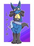  animal_genitalia anthro balls canine english_text front_view full_length_portrait looking_at_viewer lucario lucca_the_lucario male mammal model_sheet mrpandragon nintendo nude pok&eacute;mon sheath smile solo standing text thick_thighs video_games 
