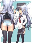  adjusting_clothes adjusting_hat anchor_symbol ass black_legwear branch breasts cowboy_shot flat_cap from_behind hand_on_hip hat hibiki_(kantai_collection) highres kantai_collection long_hair multiple_views panties pantyshot pantyshot_(standing) pleated_skirt profile sailor_collar school_uniform serious siesta_(artist) silver_hair skirt skirt_lift small_breasts sparkle standing striped striped_panties thighhighs thighs underwear 