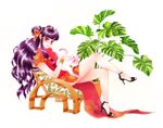  beads bell cat china_dress chinese_clothes crossed_legs double_bun dress full_body hair_beads hair_bobbles hair_ornament hair_tubes high_heels jingle_bell jisoo_kim leaf_print lipstick long_hair makeup open_toe_shoes plant purple_eyes purple_hair ranma_1/2 red_lipstick shampoo_(ranma_1/2) shoes side_slit sitting smile solo strappy_heels vase wrist_cuffs 