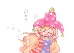  &gt;_&lt; american_flag_dress blonde_hair blush closed_eyes clownpiece commentary covering_head d: dress dx hands_on_own_head hat hat_tug jester_cap long_hair nakukoroni open_mouth polka_dot scared sketch sleeveless sleeveless_dress solo touhou translated wavy_hair wavy_mouth 