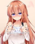  bare_shoulders blush closed_mouth collarbone flying_sweatdrops gochuumon_wa_usagi_desu_ka? hair_between_eyes head_tilt holding holding_panties hoto_mocha kyuukon_(qkonsan) long_hair long_sleeves looking_at_viewer nose_blush off-shoulder_sweater one_side_up orange_background outline panties presenting_panties purple_eyes simple_background smile solo striped striped_panties sweater underwear upper_body 