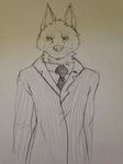  anthro canine fur looking_at_viewer male mammal monochrome mynerva necktie solo traditional_media_(artwork) 