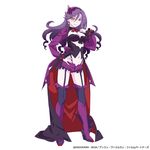  almaria ange_vierge boots breasts cape cleavage copyright_name drill_hair earrings frills full_body garter_straps hand_on_hip high_heels jewelry long_hair long_sleeves looking_at_viewer medium_breasts navel official_art purple_hair short_shorts shorts simple_background smile solo 