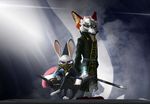  2016 absurd_res anthro canine chair clothed clothing crossed_legs crossover dishonored disney duo female fire fox green_eyes hi_res holding_object holding_weapon judy_hopps lagomorph lens_flare looking_at_viewer magic male mammal mask melee_weapon nick_wilde purple_eyes rabbit sitting smoke standing sword thewyvernsweaver throne weapon zootopia 