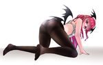 all_fours ass bespectacled black_legwear blush bra commentary_request demon_girl demon_wings from_side full_body glasses head_wings koakuma long_hair looking_at_viewer looking_to_the_side low_wings no_shoes panties panties_under_pantyhose pantyhose pointy_ears red-framed_eyewear red_eyes red_hair semi-rimless_eyewear simple_background solo thighband_pantyhose touhou under-rim_eyewear underwear underwear_only white_background white_bra white_panties wings yumi_(careca398) 