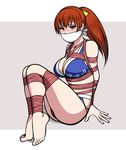  barefoot bdsm bikini blue_bikini blush breasts cleavage cloth_gag dead_or_alive dead_or_alive_xtreme gag highres improvised_gag jam-orbital kasumi_(doa) large_breasts looking_at_viewer ponytail red_hair robe shibari solo swimsuit 