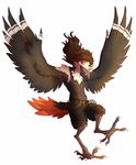  anthro avian beak bird black_beak brown_hair clothed clothing feathered_wings feathers green_eyes grey_feathers hair hornedfreak simple_background smile solo white_background wings woodpecker 