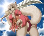  2016 5_fingers anthro black_nose camel_toe canine clothed clothing day detailed_background eyelashes female hair long_hair mammal mark_haynes melee_weapon ohlding_weapon outside sky smile solo sun sword weapon white_hair wolf 