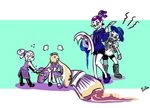  3boys :p angry apron artist_name beauty_(zoza) blue_eyes blue_hair boots brown_eyes butler clothes_grab cookie_(zoza) domino_mask donut_(zoza) dress dress_grab flower flying_sweatdrops fume girly_boy hat hat_flower inkbrush_(splatoon) inkling layered_clothing lollipop_(zoza) long_hair long_sleeves maid maid_headdress mask multiple_boys neckerchief octobrush_(splatoon) pants pointy_ears purple_hair quill sailor_collar scrunchie shirt shoes short_hair short_over_long_sleeves short_sleeves signature single_vertical_stripe splatoon_(series) splatoon_1 standing sweatdrop t-shirt tentacle_hair tongue tongue_out white_hair zoza 