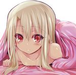  blonde_hair blush close-up collarbone commentary_request fate/stay_night fate_(series) flat_chest illyasviel_von_einzbern long_hair looking_at_viewer lying nude on_stomach red_eyes sen_(astronomy) smile solo under_covers 