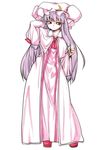  adjusting_hair capelet clenched_hand crescent crescent_hair_ornament double_bun dress full_body hair_ornament hat hiro_(h-net) large_hat long_dress long_hair looking_at_viewer mob_cap nightgown patchouli_knowledge purple_hair red_eyes shoes solo standing striped striped_dress touhou very_long_hair 
