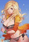  2016 ;) artist_name bangle bikini bikini_under_clothes blonde_hair blue_background blue_sky bracelet breasts cleavage cowboy_shot day eyelashes floating_hair flower front-tie_bikini front-tie_top gradient hair_down hair_flower hair_ornament horizon jacket jacket_over_swimsuit jewelry large_breasts long_hair looking_at_viewer mercy_(overwatch) motion_blur nail_polish navel no_wings november ocean one_eye_closed outdoors overwatch parted_lips patreon_logo patreon_username plumeria ring shade side-tie_bikini sky sleeves_pushed_up smile solo songjikyo stomach swimsuit water water_drop watermark wedding_band white_bikini white_flower yellow_jacket yellow_nails 