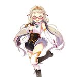  artist_request black_footwear blonde_hair book boots breasts character_request cleavage elbow_gloves glasses gloves holding knee_boots large_breasts leg_up long_hair looking_at_viewer official_art open_mouth pen red-framed_eyewear semi-rimless_eyewear simple_background sleeveless solo tiara uchi_no_hime-sama_ga_ichiban_kawaii white_background 