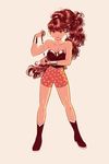  1girl bare_shoulders black_boots boots breasts brown_eyes brown_hair dc_comics earrings full_body highres jewelry jisoo_kim large_breasts long_hair rope shiny shiny_skin short_shorts shorts solo star star_earrings star_print toned wonder_woman wonder_woman_(series) wrist_cuffs 