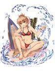  armpits bare_arms bare_legs bare_shoulders barefoot bikini blonde_hair blush braid breasts collarbone commentary_request fate/apocrypha fate/grand_order fate_(series) french_braid frown full_body green_eyes hair_bobbles hair_ornament knees_up looking_at_viewer mordred_(fate)_(all) mordred_(swimsuit_rider)_(fate) navel parted_lips ponytail red_bikini short_hair short_ponytail sitting small_breasts solo spread_legs stomach surfboard swimsuit water white_crow wristband 