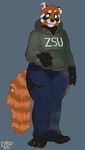  anthro clothed clothing dbd female looking_at_viewer mammal overweight red_panda smile solo standing undead zombie 