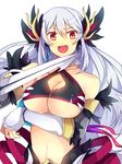  :d bare_shoulders blush breast_hold breasts cleavage cleavage_cutout detached_sleeves hair_between_eyes head_wings holding holding_sword holding_weapon horns large_breasts long_hair looking_at_viewer matryoshka_(borscht) midriff navel open_mouth red_eyes revealing_clothes road_to_dragons sidelocks silver_hair smile solo stomach sword underboob upper_body v-shaped_eyebrows very_long_hair weapon 