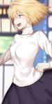  :d arcueid_brunestud bad_id bad_pixiv_id blonde_hair breasts carchet city from_side long_skirt long_sleeves medium_breasts open_mouth purple_skirt red_eyes short_hair skirt smile solo sweater tsukihime turtleneck turtleneck_sweater wind 