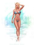  barefoot bikini blonde_hair blue_eyes breasts character_name cleavage elf hand_behind_head high_elf highres krystopher_decker large_breasts lipstick long_hair looking_at_viewer makeup midriff navel pointy_ears red_lipstick signature solo swimsuit sylvanas_windrunner thigh_gap warcraft world_of_warcraft 