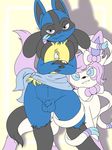  abs animal_genitalia anthro balls canine crossed_arms cute_fangs duo feral flat_colors front_view half-closed_eyes io_the_sylveon looking_at_viewer lucca_the_lucario male mammal mrpandragon naughty_face navel quadruped seductive sheath 