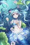  blue_eyes blue_hair chuor_(chuochuoi) collarbone from_above hair_ornament hatsune_miku highres long_hair looking_at_viewer lying mermaid monster_girl monsterification navel on_back partially_submerged solo twintails vocaloid 