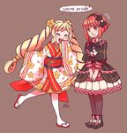  bangs blonde_hair blush closed_eyes cosplay dress elise_(fire_emblem_if) english fire_emblem fire_emblem_if floral_print flower flying_sweatdrops frills grey_background hair_flower hair_ornament hairband japanese_clothes kimono ladugard looking_at_another multiple_girls open_mouth pantyhose pink_eyes pink_hair print_kimono sakura_(fire_emblem_if) sandals short_hair sidelocks simple_background smile twintails 