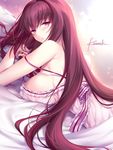  :o artist_name bangs bed_sheet blush breast_rest breasts dress eyelashes fate/grand_order fate_(series) frilled_dress frills huge_breasts kousaki_rui lingerie long_hair looking_at_viewer looking_back lying on_bed on_stomach red_eyes red_hair scathach_(fate)_(all) scathach_(fate/grand_order) sidelocks solo strap_slip tareme underwear very_long_hair 