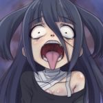  bandage black_hair blush breasts cleavage dilated_pupils eyebrows_visible_through_hair large_breasts long_hair looking_at_viewer off_shoulder open_mouth red_eyes solo t_jiroo_(ringofriend) teeth tongue tongue_out upper_body uvula yamada_tae zombie zombie_land_saga 