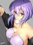  bare_shoulders breast_press breasts coat collarbone condom condom_in_mouth condom_wrapper ghost_in_the_shell ghost_in_the_shell_stand_alone_complex kusanagi_motoko large_breasts lavender_hair lipstick makeup matarou_(genkai_toppa) mouth_hold red_eyes short_hair solo white_lipstick 