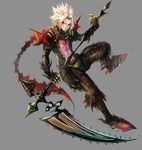  .hack//g.u. 1boy absurdres albino armor bangs black_armor deluxe&lt;&lt;&lt; expressionless full_armor full_body grey_background haseo_(.hack//) highres holding holding_scythe looking_at_viewer male_focus parted_bangs red_eyes scythe solo spiked_hair white_hair 