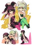  2girls alternate_hairstyle aori_(splatoon) biting breasts cleavage closed_eyes domino_mask gloves hairband hairdressing holding hotaru_(splatoon) mask mole mole_under_eye multiple_girls open_mouth pantyhose pointy_ears sitting small_breasts smile sparkle splatoon_(series) splatoon_1 tentacle_hair wong_ying_chee yellow_eyes 