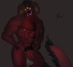  2016 abs anthro biceps big_tail black_hair black_nose body_hair brown_horn chest_hair clothed clothing demon digital_media_(artwork) djagokemono fangs foulei front_view fur glowing glowing_eyes grey_background hair happy_trail horn jockstrap leg_hair long_tongue looking_at_viewer male multi_eye muscular muscular_male nipple_piercing nipples pecs penis piercing portrait pubes red_fur red_penis signature simple_background solo standing thick_penis third_eye three-quarter_portrait tongue tongue_out topless underwear vein veiny_penis yellow_eyes zomacaius 