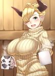  :d animal_print blonde_hair blush breasts casual cow_print cup draph granblue_fantasy hair_over_one_eye holding horns laguna_(granblue_fantasy) large_breasts long_sleeves looking_at_viewer michihasu mug open_mouth pointy_ears ribbed_sweater short_hair smile solo steam sweater turtleneck upper_body wooden_floor 