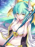  alternate_color artist_name between_breasts bikini blush bow breasts cameltoe cleavage coat collarbone eyebrows eyebrows_visible_through_hair fate/grand_order fate_(series) frilled_bikini frills from_above green_hair hair_between_eyes hair_bow hand_on_own_cheek horns kiyohime_(fate/grand_order) kiyohime_(swimsuit_lancer)_(fate) kousaki_rui long_hair looking_at_viewer looking_up medium_breasts midriff nail_polish navel pink_nails polearm ponytail signature sitting smile solo stomach swimsuit weapon yellow_bikini yellow_bow yellow_eyes 