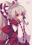  blush fujiwara_no_mokou grey_hair heart highres letter long_hair long_sleeves love_letter muuran open_mouth ponytail red_eyes red_ribbon ribbon ribbon-trimmed_sleeves ribbon_trim scarf signature solo touhou translated wide_sleeves 