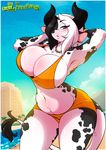  2016 alejandra_coldthorn anthro armpits beach big_breasts bikini black_hair blue_eyes bovine bracelet breasts building cattle chalo cleavage clothed clothing detailed_background digital_media_(artwork) eyebrows eyelashes eyewear female fur glasses hair half-closed_eyes hands_behind_head horn huge_breasts jewelry las_lindas long_tail looking_at_viewer mammal midriff multicolored_hair navel necklace open_mouth outside palm_tree patch_(marking) seaside short_hair signature sky solo standing swimsuit tail_tuft text thick_thighs tree tuft two_tone_hair voluptuous water white_fur white_hair wide_hips 