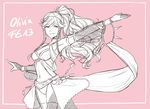  armpits bangs braid breasts character_name dancing eyebrows_visible_through_hair fire_emblem fire_emblem:_kakusei lithety long_hair medium_breasts navel olivia_(fire_emblem) outstretched_arm pink_background ponytail solo twin_braids 