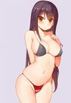  akagi_(kantai_collection) bad_id bad_pixiv_id bangs bare_legs bare_shoulders bikini black_hair blush breast_suppress breasts brown_eyes cleavage closed_mouth collarbone covered_nipples cowboy_shot eyebrows eyebrows_visible_through_hair eyes_visible_through_hair holding kantai_collection large_breasts long_hair looking_at_viewer navel shiny shiny_skin simple_background skindentation solo stomach string_bikini striped sweat swimsuit unaligned_breasts untied untied_bikini very_long_hair wrist_cuffs yostxxx 