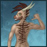  2016 5_fingers abstract_background anthro blue_background brown_body brown_hair brown_markings brown_scales browniecomicwriter dragon green_eyes hair horn k&#039;riestoef looking_at_viewer male markings muscular muscular_male nude scales sharp_teeth signature simple_background smile solo stripes teeth watermark 