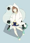  animal_print bangs blue_background blunt_bangs bob_cut brown_hair cat_print closed_eyes floating frisk_(undertale) full_body ghost hands_in_pockets hood hooded_jacket jacket long_sleeves neko_ni_chikyuu shoes short_hair sketch sneakers undertale 