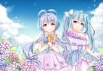  blue_eyes blue_hair bow chuor_(chuochuoi) cloud collarbone day dress flower green_eyes hair_bow hatsune_miku highres holding long_hair looking_at_viewer luo_tianyi multiple_girls open_mouth outdoors sky sunflower twintails vocaloid vocanese white_bow 