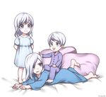  2girls :d ahoge blue_eyes blush brother_and_sister kio_rojine long_hair multiple_girls open_mouth rwby short_hair siblings sisters sleepwear smile v-shaped_eyebrows weiss_schnee white_hair whitley_schnee winter_schnee younger 