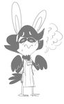  ? anthro apron avian beak black_and_white cheerie clothing confusion cute dreemurr_reborn eyelashes fake_ears fake_rabbit_ears fatz_geronimo female monochrome name_tag solo speech_bubble standing sweat undertale video_games 