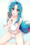  bikini blue_hair breasts chidori_kaname cleavage full_metal_panic! gun hair_ribbon handgun highres kyona_(konakona) large_breasts long_hair looking_at_viewer o-ring o-ring_bikini o-ring_bottom open_mouth pistol red_eyes red_ribbon ribbon sitting solo swimsuit teeth weapon white_bikini yokozuwari 