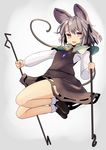  animal_ears artist_name capelet dowsing_rod dress grey_hair highres ishikkoro jumping long_sleeves looking_at_viewer mouse_ears mouse_tail nazrin open_mouth red_eyes smile solo tail touhou twitter_username 