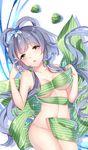  absurdres breasts chuor_(chuochuoi) cleavage green_eyes green_ribbon grey_hair hair_ornament highres long_hair looking_at_viewer luo_tianyi medium_breasts ribbon solo striped striped_ribbon thighhighs tongue underwear vocaloid vocanese 