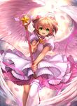 :d angel_wings brown_hair cardcaptor_sakura choker dress feathered_wings feathers green_eyes highres hoshi_no_tsue kinomoto_sakura kudo_kunugi looking_at_viewer open_mouth outstretched_arms petals petticoat pink_choker pink_ribbon puffy_short_sleeves puffy_sleeves ribbon short_sleeves single_thighhigh smile solo star star_choker teeth thighhighs two_side_up wand white_dress white_legwear white_wings wings 