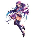  black_footwear black_legwear blue_eyes blue_hair boots carnelian full_body hair_ornament headset high_heel_boots high_heels highres lips long_hair looking_at_viewer looking_back merli_(vocaloid) microphone microphone_stand midriff multicolored_hair purple_hair shorts simple_background solo thigh_boots thighhighs vocaloid white_background wide_sleeves 